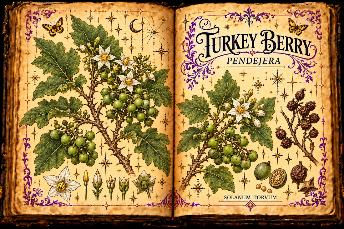 Open aged-parchment grimoire with hand-drawn Solanum torvum prickly branches, lobed leaves, white flowers, green berry clusters, purple flourishes and gold butterflies, titled Turkey Berry and Pendejera