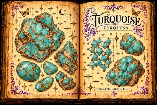 Open grimoire mineral study of Turquoise, labeled Turquesa in Spanish
