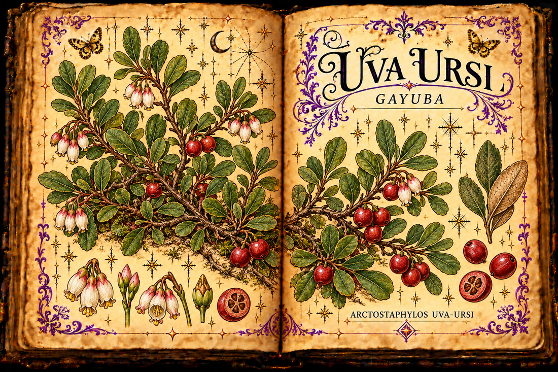 Open aged-parchment grimoire with hand-drawn Arctostaphylos uva-ursi trailing stems, leathery leaves, urn-shaped flowers, red fruits, purple flourishes and gold butterflies, titled Uva Ursi and Gayuba