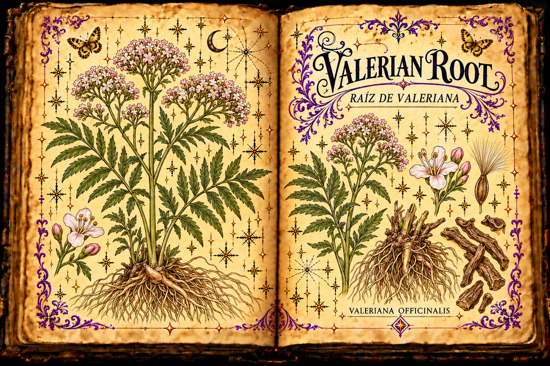 Open aged-parchment grimoire showing common valerian pinnate leaves, pink-white flower clusters, a short rhizome with fibrous roots and flower and fruit details, purple flourishes and gold butterflies, titled Valerian Root and Raíz de Valeriana