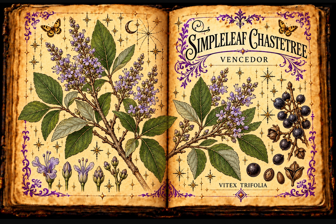 Open aged grimoire botanical illustration of Vitex trifolia, with opposite leaves, violet flowers, berries and seeds
