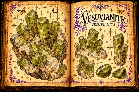 Open aged-parchment grimoire with ink and watercolor studies of olive-green vesuvianite crystals and tumbled stones, titled Vesuvianite and Vesuvianita.