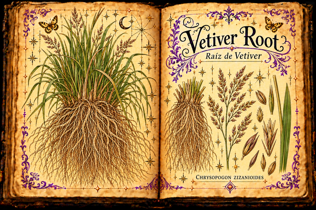 Open aged-parchment grimoire illustration of Chrysopogon zizanioides, with accurate botanical studies, purple flourishes and gold butterflies, titled Vetiver Root and Raíz de Vetiver.