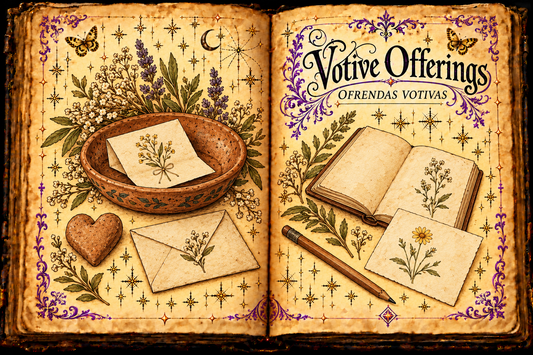 Open aged-parchment grimoire titled Votive Offerings / Ofrendas votivas, showing a paper note in an earthenware dish, a clay heart, envelope, notebook and pencil, with decorative flowers, purple flourishes and gold butterflies.
