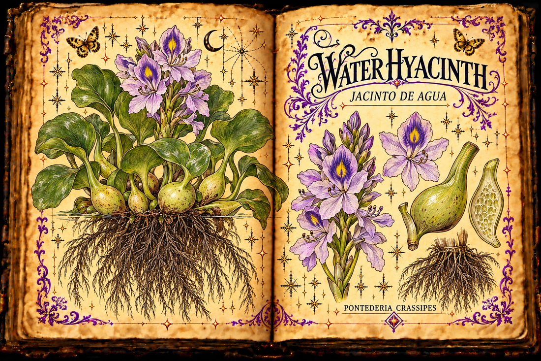 Open aged-parchment grimoire illustration of water hyacinth rosettes, roots, and lavender flowers, titled Water Hyacinth / Jacinto de Agua.