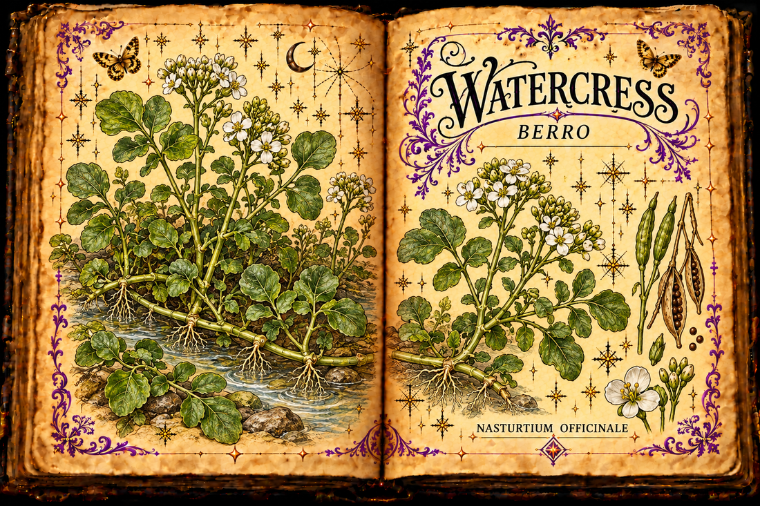 Open aged-parchment grimoire illustration of watercress, Nasturtium officinale, with rounded leaflets, white flowers, stream habitat, purple flourishes, and gold butterflies.