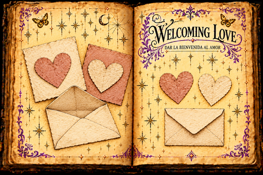 Open parchment grimoire titled Welcoming Love and Dar la bienvenida al amor, illustrating two separate paper hearts, a pink paper square and envelopes.