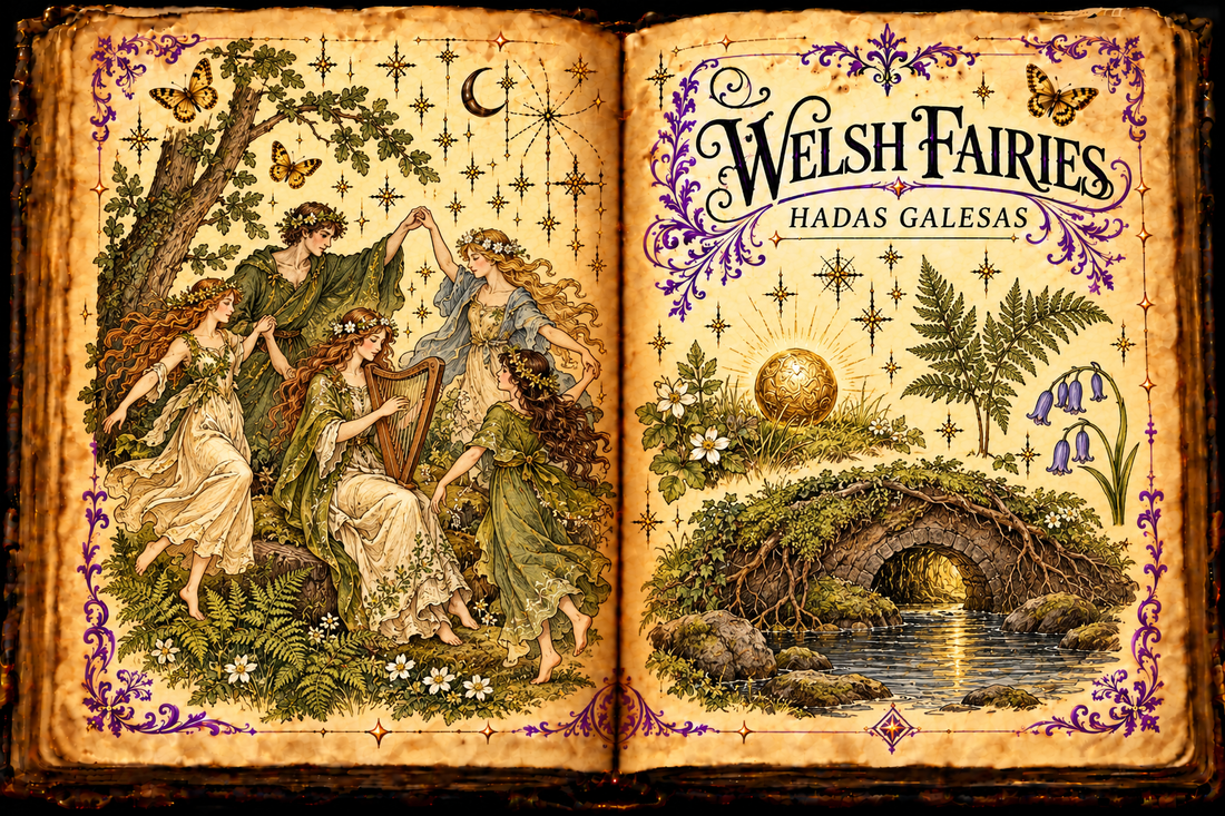 Open aged grimoire illustrating Welsh fairy musicians and dancers, with a golden ball and hidden passage; English and Spanish titles.