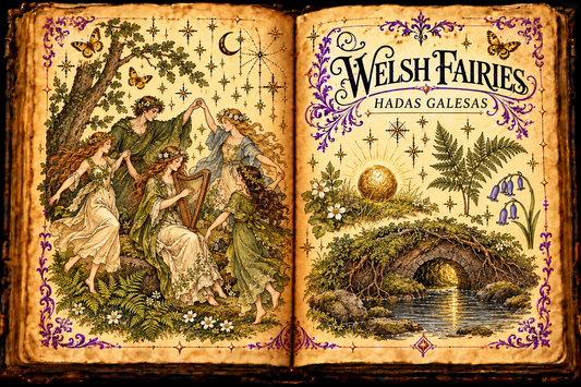 Open aged grimoire illustrating Welsh fairy musicians and dancers, with a golden ball and hidden passage; English and Spanish titles.
