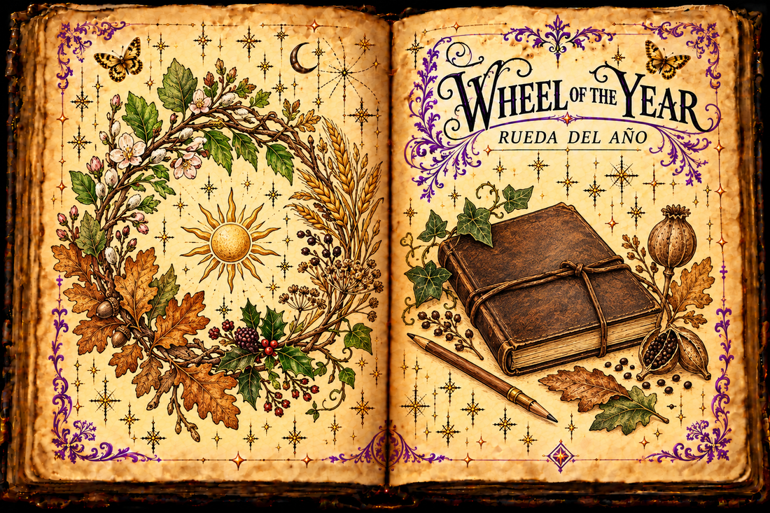 Open aged-parchment grimoire with a decorative wreath of buds, leaves and wheat around a sun, beside a journal and pencil, titled Wheel of the Year / Rueda del Año.