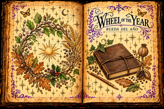 Open aged-parchment grimoire with a decorative wreath of buds, leaves and wheat around a sun, beside a journal and pencil, titled Wheel of the Year / Rueda del Año.