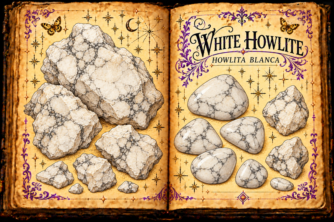Open aged-parchment grimoire with white howlite nodules and gray-veined polished stones, titled White Howlite and Howlita Blanca.