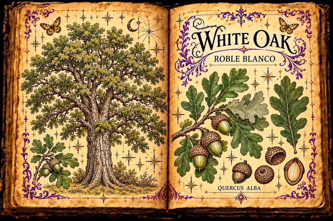 Open aged-parchment grimoire with hand-drawn Quercus alba tree, rounded-lobed leaves, pale bark and acorns, purple flourishes and gold butterflies, titled White Oak and Roble Blanco
