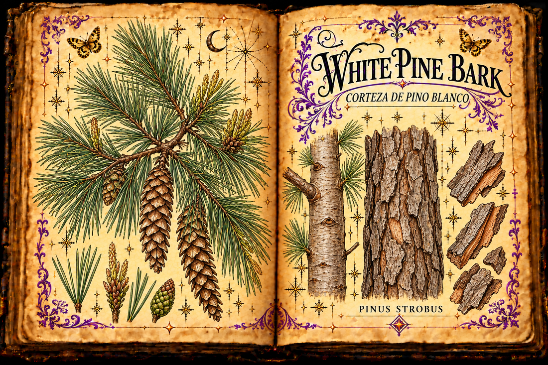 Open aged-parchment grimoire with hand-drawn Pinus strobus needles in bundles of five, pendant cones, mature bark and bark chips, purple flourishes and gold butterflies, titled White Pine Bark and Corteza de Pino Blanco
