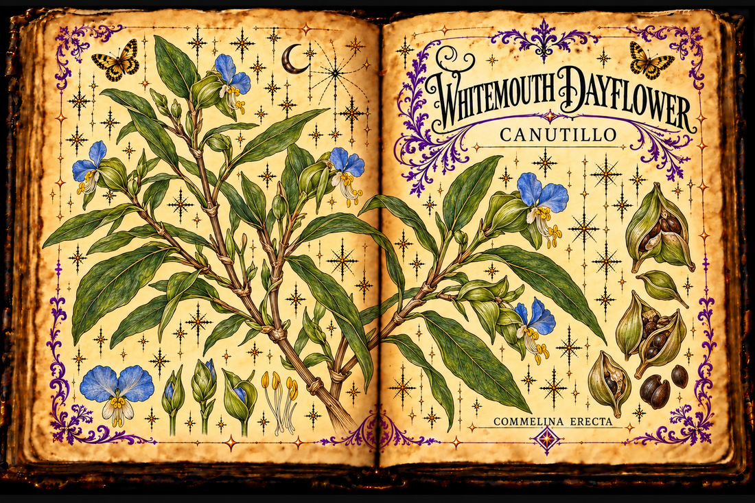 Open aged-parchment grimoire with hand-drawn Commelina erecta stems, lanceolate leaves, green spathes and blue flowers, purple flourishes and gold butterflies, titled Whitemouth Dayflower and Canutillo