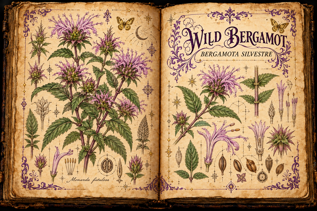Open aged-parchment grimoire with hand-drawn Monarda fistulosa stems and lavender-pink flower heads, purple flourishes, and gold butterflies, titled Wild Bergamot and Bergamota Silvestre
