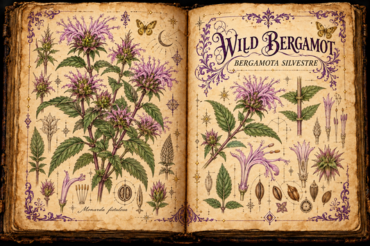 Open aged-parchment grimoire with hand-drawn Monarda fistulosa stems and lavender-pink flower heads, purple flourishes, and gold butterflies, titled Wild Bergamot and Bergamota Silvestre