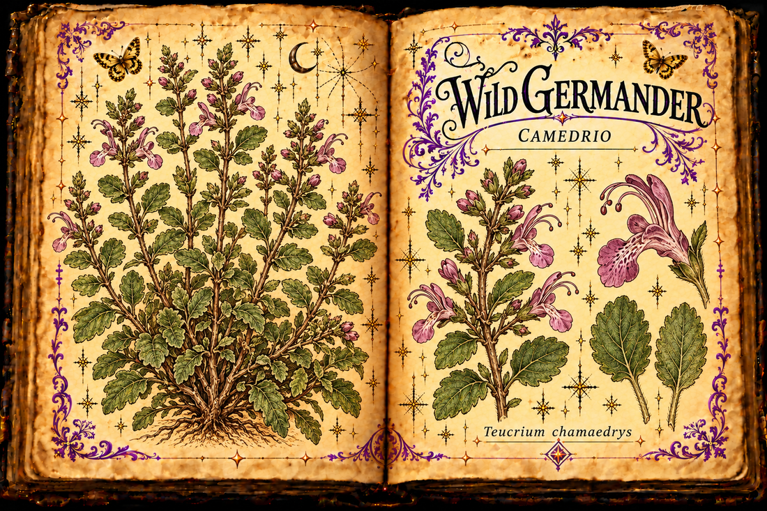 Open aged-parchment grimoire with hand-drawn Teucrium chamaedrys woody base, opposite crenate oval leaves and rose-purple one-lipped flowers with curved stamens, purple flourishes and gold butterflies, titled Wild Germander and Camedrio