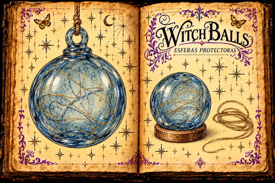 Open parchment grimoire showing blue witch-ball glass spheres and thread studies, with the titles Witch Balls and Esferas protectoras.