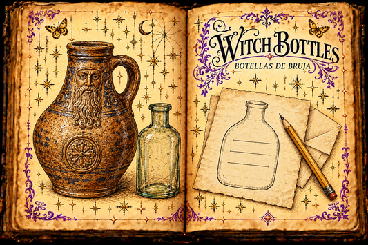 Open aged-parchment grimoire titled Witch Bottles / Botellas de bruja, with a brown bearded stoneware jug, an empty glass bottle, and a pencil beside a bottle outline on paper, framed by purple flourishes and gold butterflies.