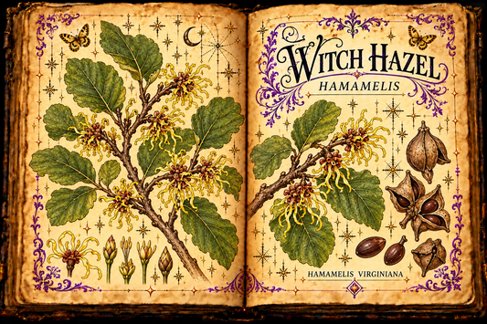 Open aged-parchment grimoire with hand-drawn Hamamelis virginiana branches, wavy leaves, ribbonlike yellow flowers and seed capsules, purple flourishes and gold butterflies, titled Witch Hazel and Hamamelis