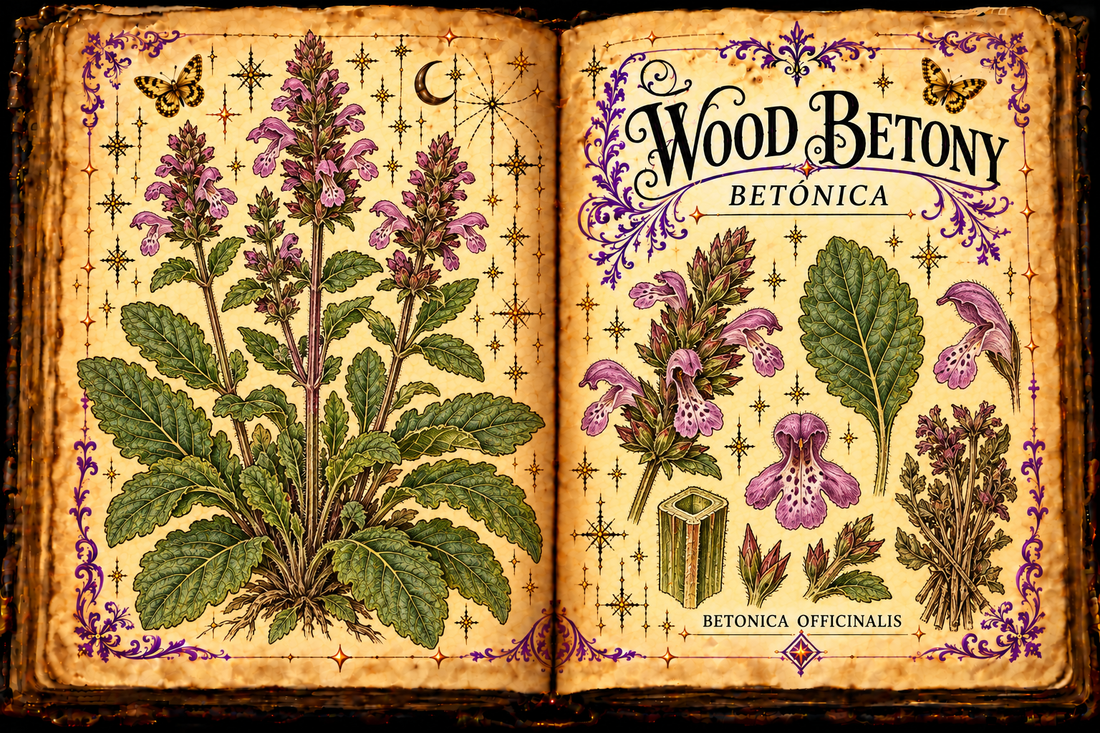 Open aged-parchment grimoire with hand-drawn Betonica officinalis rosette, square stems, toothed leaves and purple flower spikes, purple flourishes and gold butterflies, titled Wood Betony and Betónica