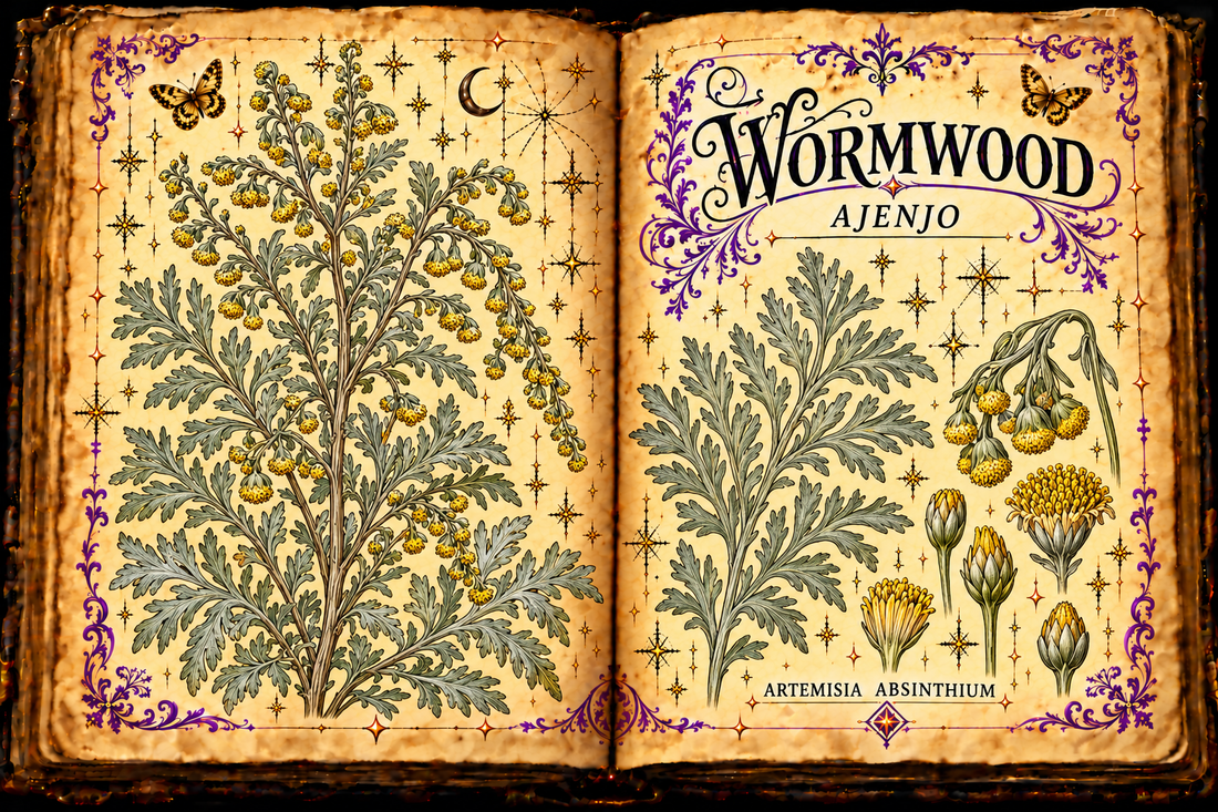 Hand-drawn open grimoire study of silvery wormwood leaves and yellow flower heads, titled Wormwood / Ajenjo