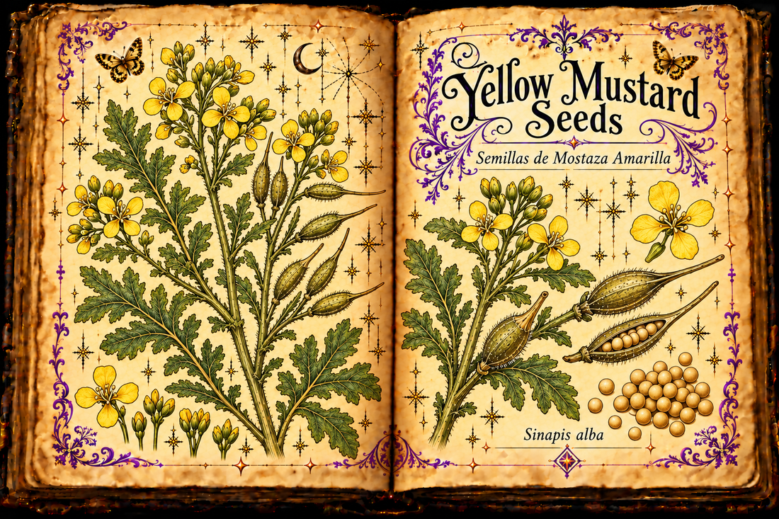 Open aged-parchment grimoire showing yellow mustard's lobed leaves, four-petaled yellow flowers, bristly long-beaked pods and pale seeds; English and Spanish titles.