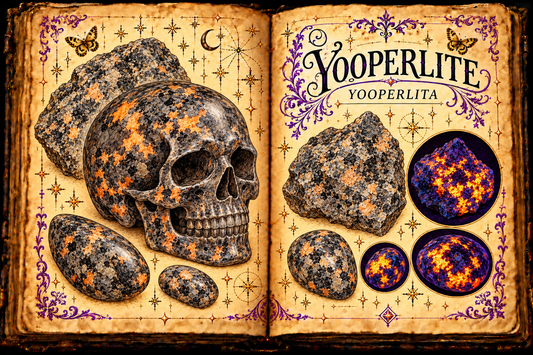 Open aged-parchment grimoire with ink and watercolor studies of a carved Yooperlite skull and fluorescent sodalite-bearing syenite, titled Yooperlite and Yooperlita.