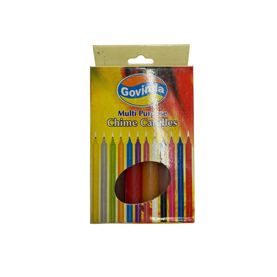 Box of Govinda multi-purpose chime candles showing assorted candle colors