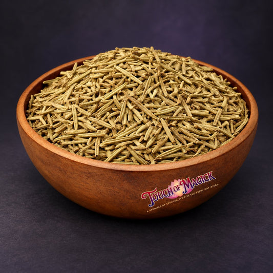 Dried rosemary leaves displayed in a wooden bowl in the shop’s 0.5-ounce rosemary product photo