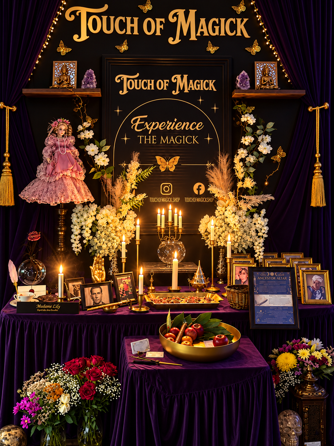 Touch of Magick’s October Community Ancestor Altar with candles, flowers, gold details and photographs; image enhanced for presentation.