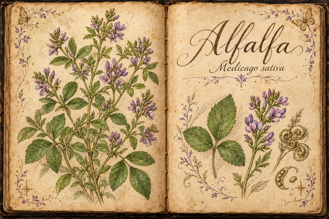 Alfalfa hand-drawn botanical entry in an open Book of Shadows, with aged parchment, purple flourishes, and gold butterflies