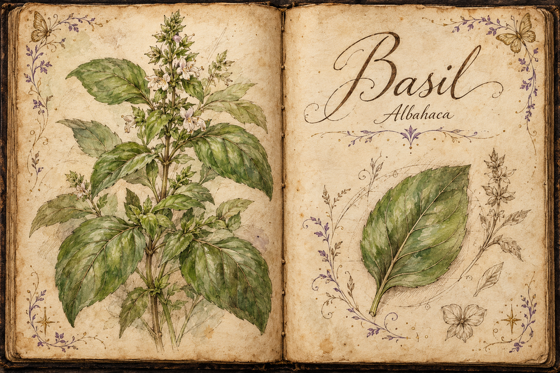 Basil hand-drawn botanical entry in an open Book of Shadows, with aged parchment, purple flourishes, and gold butterflies