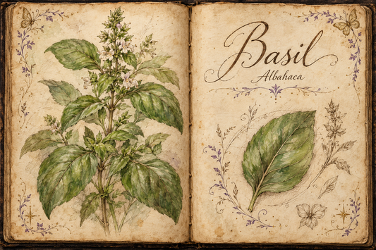 Basil hand-drawn botanical entry in an open Book of Shadows, with aged parchment, purple flourishes, and gold butterflies