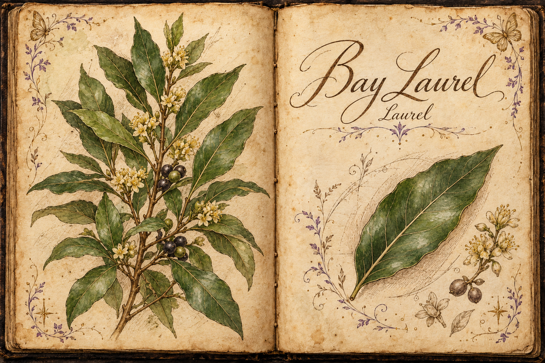Bay Laurel hand-drawn botanical entry in an open Book of Shadows, with aged parchment, purple flourishes, and gold butterflies