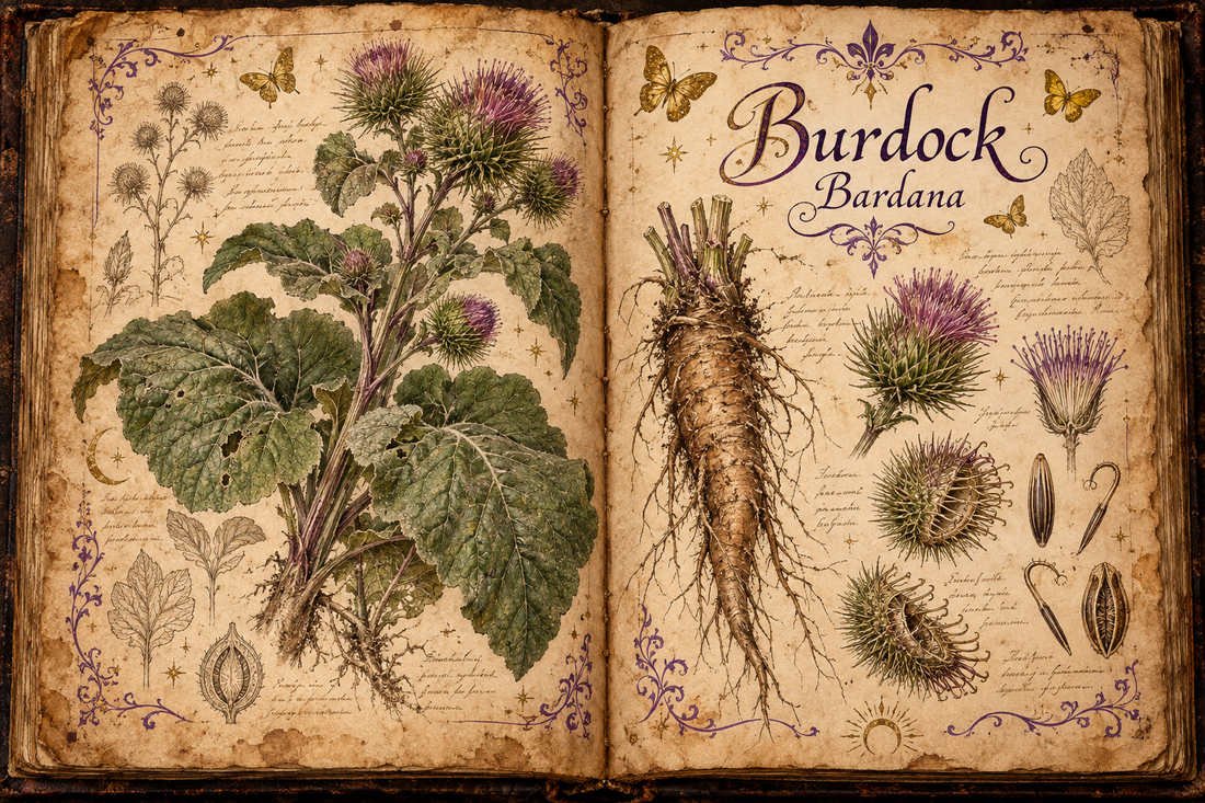 Burdock hand-drawn botanical study in an open aged-parchment Book of Shadows, with purple flourishes and gold butterflies