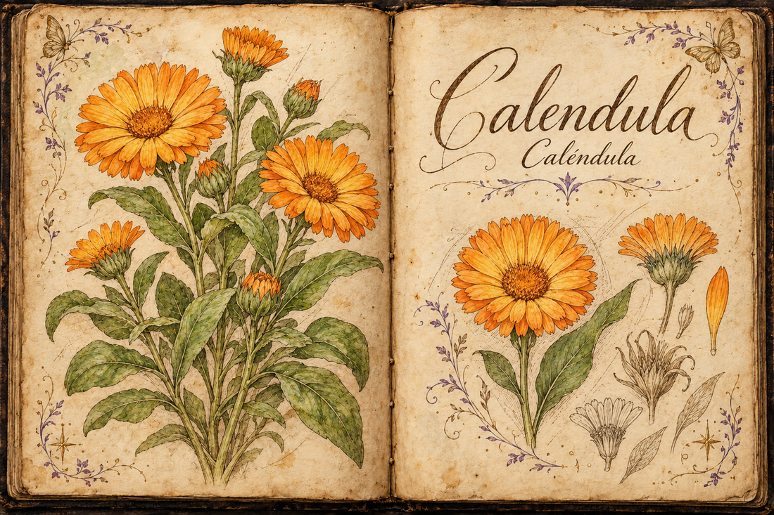 Calendula hand-drawn botanical entry in an open Book of Shadows, with aged parchment, purple flourishes, and gold butterflies