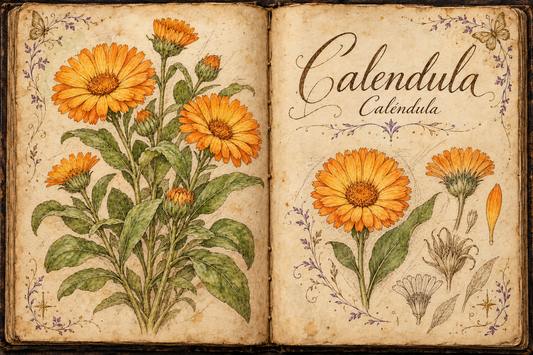 Calendula hand-drawn botanical entry in an open Book of Shadows, with aged parchment, purple flourishes, and gold butterflies