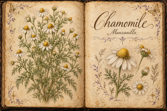 Chamomile hand-drawn botanical entry in an open Book of Shadows, with aged parchment, purple flourishes, and gold butterflies
