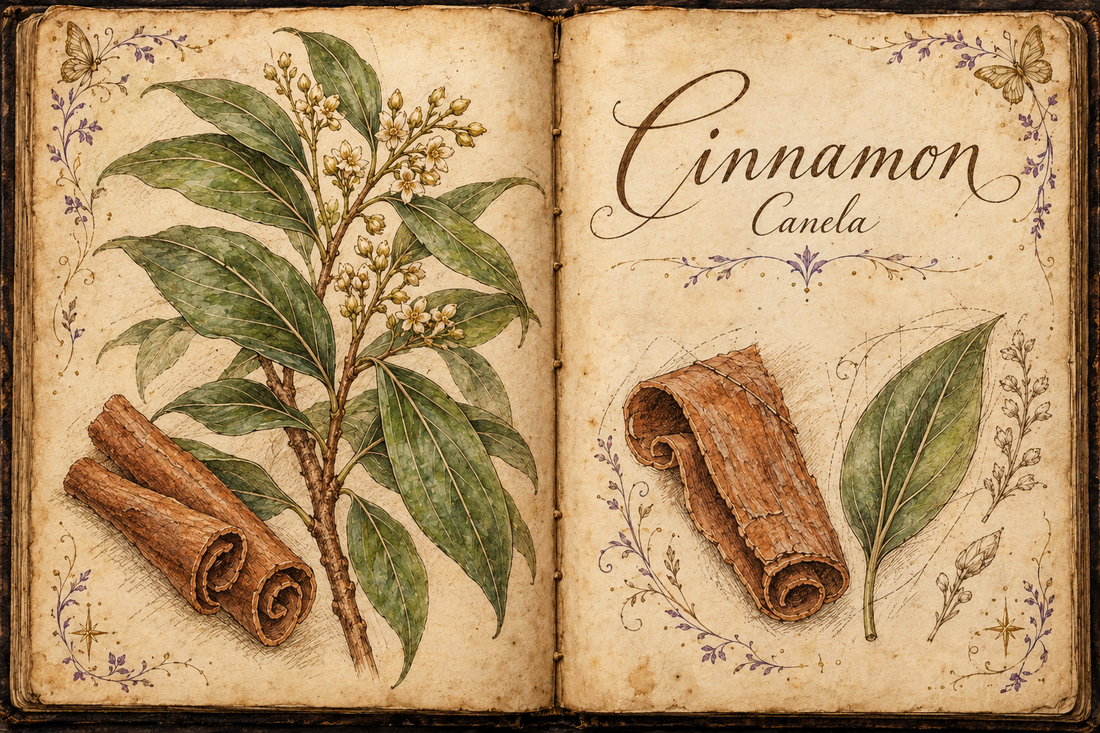 Cinnamon hand-drawn botanical entry in an open Book of Shadows, with aged parchment, purple flourishes, and gold butterflies