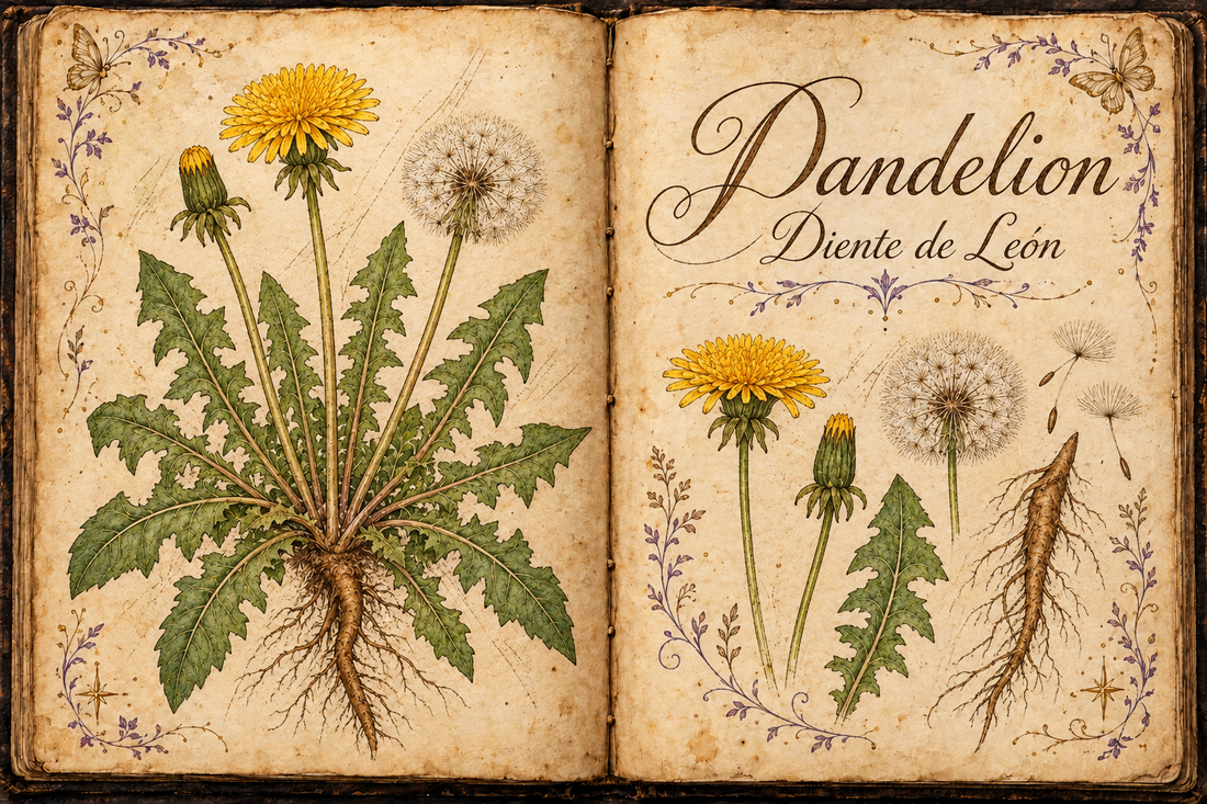 Dandelion hand-drawn botanical study in an open aged-parchment Book of Shadows, with purple flourishes and gold butterflies