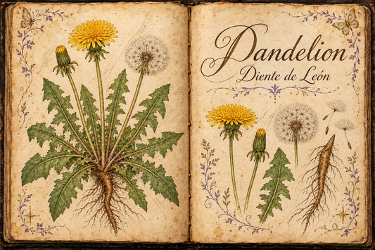 Dandelion hand-drawn botanical study in an open aged-parchment Book of Shadows, with purple flourishes and gold butterflies