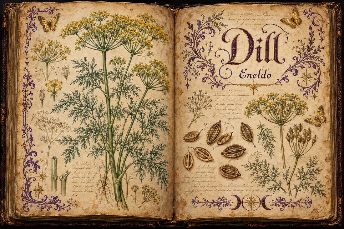Dill hand-drawn botanical study in an open aged-parchment Book of Shadows, with purple flourishes and gold butterflies