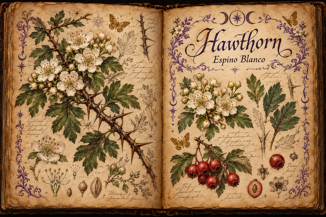 Hawthorn hand-drawn botanical study in an open aged-parchment Book of Shadows, with purple flourishes and gold butterflies