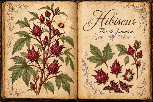 Hibiscus hand-drawn botanical study in an open aged-parchment Book of Shadows, with purple flourishes and gold butterflies