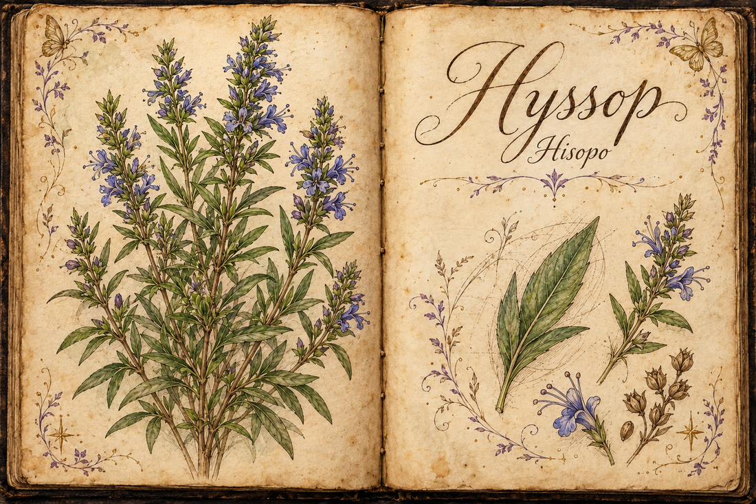Hyssop hand-drawn botanical entry in an open Book of Shadows, with aged parchment, purple flourishes, and gold butterflies
