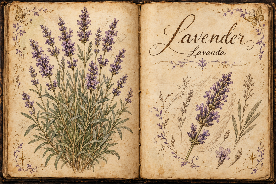 Lavender hand-drawn botanical entry in an open Book of Shadows, with aged parchment, purple flourishes, and gold butterflies