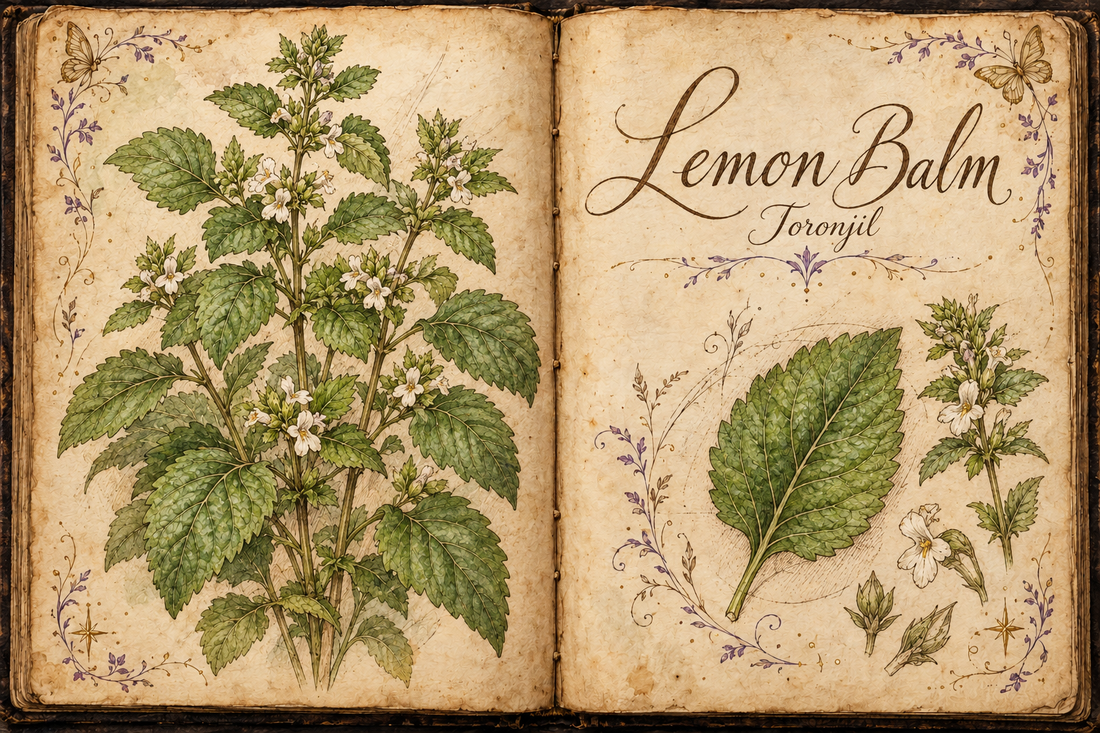 Lemon Balm hand-drawn botanical entry in an open Book of Shadows, with aged parchment, purple flourishes, and gold butterflies