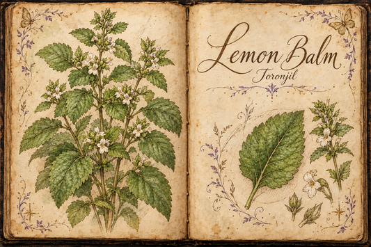 Lemon Balm hand-drawn botanical entry in an open Book of Shadows, with aged parchment, purple flourishes, and gold butterflies